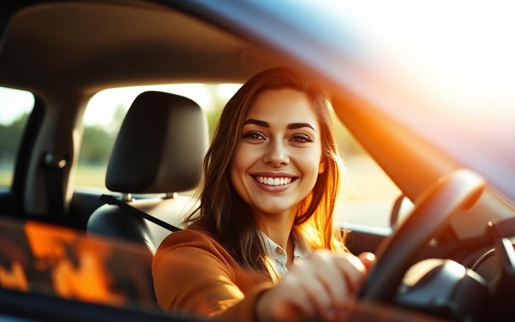 First-time driver smiling in her car